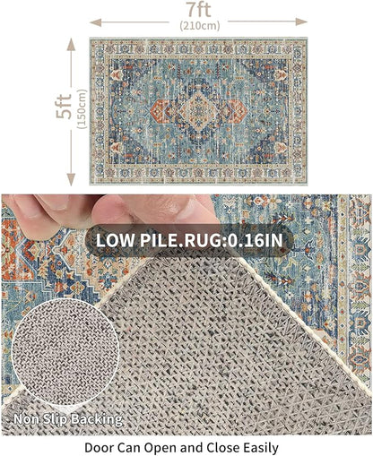 Enkor Area Soft Rugs 5x7 Washable Non Slip Boho Floor Rugs for Living Room Bedroom, Vintage Style Farmhouse Mat for Kitchen Entryway Green & Blue