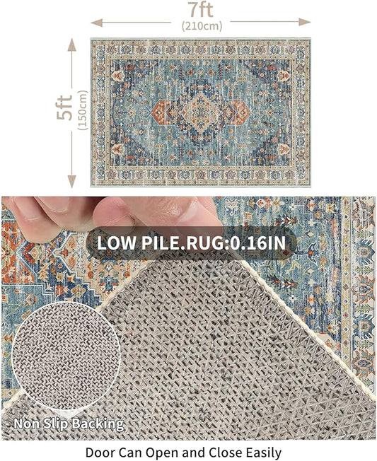 Enkor Area Soft Rugs 5x7 Washable Non Slip Boho Floor Rugs for Living Room Bedroom, Vintage Style Farmhouse Mat for Kitchen Entryway Green & Blue