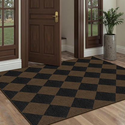 Easy Jute Checkered Area Rug, 3x5 Indoor Outdoor Entryway Rug Washable Coffee Modern Diamond Kitchen Rugs, Non-Slip Neutral Farmhouse Throw Carpet for Living Room Patio Kids Room