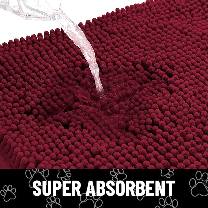 Smiry Dog Door Mat for Muddy Paws, Absorbent Dirt Trapper Non Slip Quick Dry Washable Chenille Mat for Mud Dogs, Entry Rug for Indoor and Outdoor (47x32 Inches, Burgundy and White)