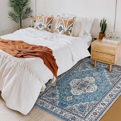 COMSLE Area Rug 3x5 Faux Wool Rugs for Kitchen, Boho Washable Throw Rugs Non-Slip Distressed Carpet Soft Accent Floor Rug for Bedroom, Living Room, Laundry Room (Light Blue)