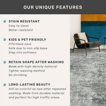 2'6"x8' Hallway Runner Rugs Non Slip, Modern 8ft Long Rug for Kitchen Floor, Entrance, Farmhouse Medallion Abstract Indoor Décor, Low Pile Stain Resistant (Slate Blue)