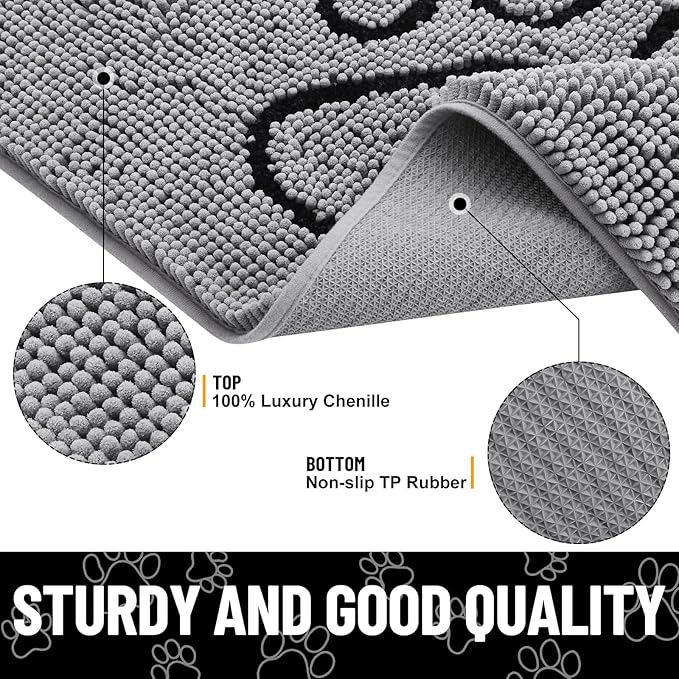 Smiry Dog Door Mat for Muddy Paws, Absorbent Dirt Trapper Non Slip Quick Dry Washable Chenille Mat for Mud Dogs, Entry Rug for Indoor and Outdoor (47x24 Inches, Grey and Black)