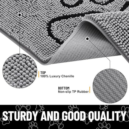 Smiry Dog Door Mat for Muddy Paws, Absorbent Dirt Trapper Non Slip Quick Dry Washable Chenille Mat for Mud Dogs, Entry Rug for Indoor and Outdoor (47x24 Inches, Grey and Black)