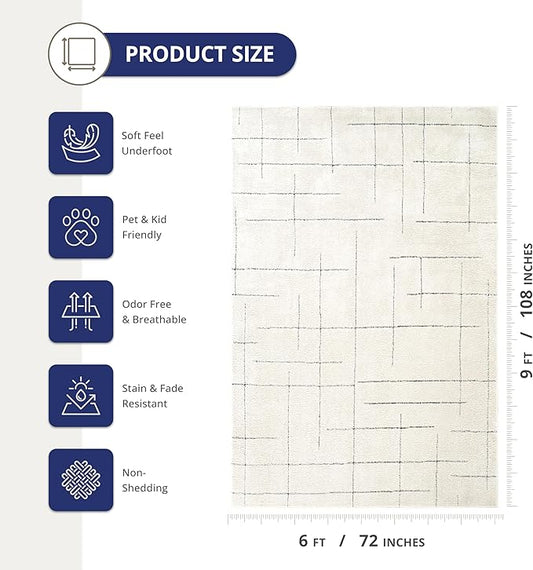 Abani Cream Area Rug – 6' x 9' – Oliver Collection – Striped Pattern – Non-Shedding, Easy to Clean – Durable for Living Room, Bedroom, or Office, Pet & Child Friendly