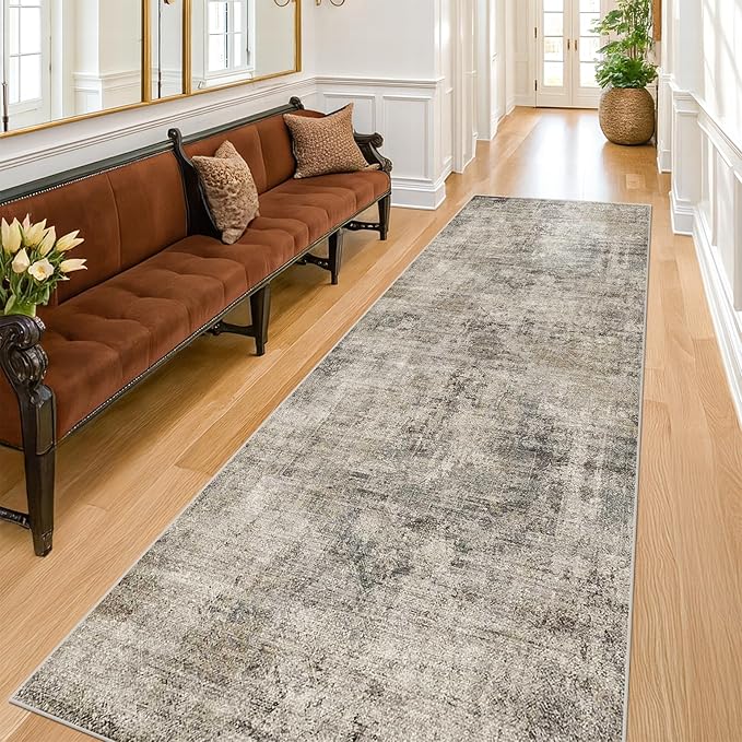 2'6"x8' Runner Rug for Hallway, Washable Taupe Brown 8ft Long Kitchen Rug, Non Slip Entryway Carpet with Rubber Backing, Dark Academy Décor, Stain Resistant Medallion Abstract Design