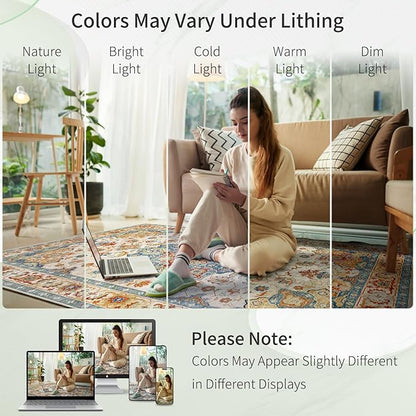 Enkor Area Soft Rugs 4x6 Washable Non Slip Boho Floor Rugs for Living Room Bedroom, Vintage Style Farmhouse Mat for Kitchen Entryway Orange & Beige