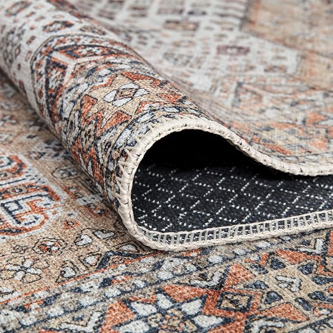 Bloom Rugs Washable Non-Slip 9' x 12' Rug - Sand/Orange/Purple Traditional Medallion Area Rug for Living Room, Bedroom, Dining Room, and Kitchen - Exact Size: 9' x 12'