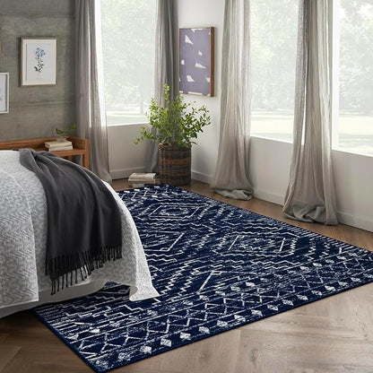 Wonnitar Moroccan Washable 6x9 Rug, Blue Large Living Room Area Rug, Non-Slip Boho Soft Rug for Bedroom, Non-Shedding Ultra-Thin Geometric Carpet for Dining Room Kitchen Basement (Blue,6'x9')
