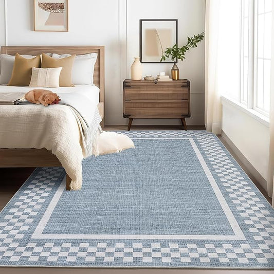 Small Bedroom Area Rug 3x5 Checkered Area Rug for Living Room Nursery Non Slip Kitchen Throw Carpet Low Pile Modern Bordered Rugs Washable Bathroom Mat Soft Brown Rugs for Laundry Entryway, Blue