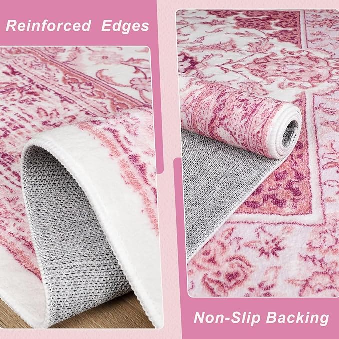 Bright Pink Area Rug for Living Room, 8x10 Machine Washable Rugs with Non-Slip Backing for Girls Bedroom, Large Vintage Carpet for Kitchen Laundry Kids Room