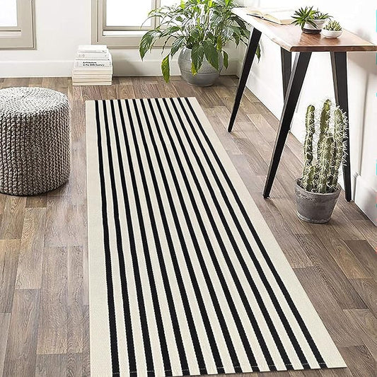 KOZYFLY Black and Beige Striped Porch Rug 2x4.3 Ft Washable Outdoor Rug Farmhouse Outdoor Doormats Front Door Striped Runner Rug for Front Door Kitchen Hallway Bedroom Laundry Room