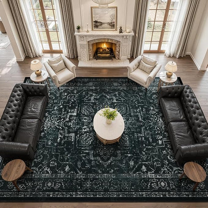 Black White Large 10x14 Area Rugs, Washable Non Slip Big Rug for Living Room Bedroom, Distressed Medallion Vintage Dark Big Carpet Rugs for Dinig Room Family Rooms, Low Pile Thin