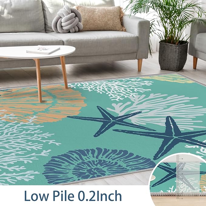 Tritard Coastal Area Rug 3x5 - Small Machine Washable Foldable Throw Rugs Non-Slip Beach Ocean Entryway Indoor Entrance Carpet for Kitchen Bathroom Laundry Bedroom Living Room, Teal and Turquoise