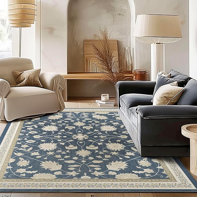 EVERGRACE Area Rugs for Living Room 6x9, Boho Floral Faux Wool Indoor Outdoor Rugs, Washable Rugs for Bedroom Dining Room Entryway Kitchen, Low Pile Floor Mat Carpet for Home Decor, Navy Blue