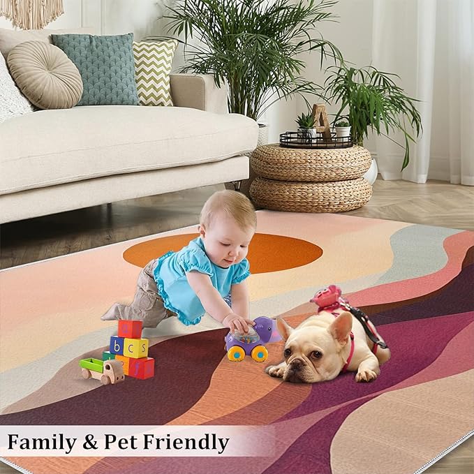 Boho Sun Area Rugs 6x9ft, Minimalist Line Fluffie Rugs for Living Room, Geometric Solar Nursery Rug with Under Rug Non Slip Tape for Bedroom Kids Room