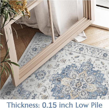 jinchan Runner Rug 2x5 Vintage Hallway Rug Boho Washable Runner Floral Medallion Retro Lightweight Non Slip Classic Thin Soft Carpet for Kitchen Bedroom Bathroom Laundry Room Doorway Blue