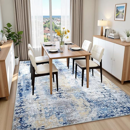 Washable Abstract Rug, 5x7 Modern Area Rugs with Non-Slip Rubber Backed for Living Room, Thin but Soft Contemporary Carpet Kitchen Bedroom Dining Room Decor, Midnight Blue