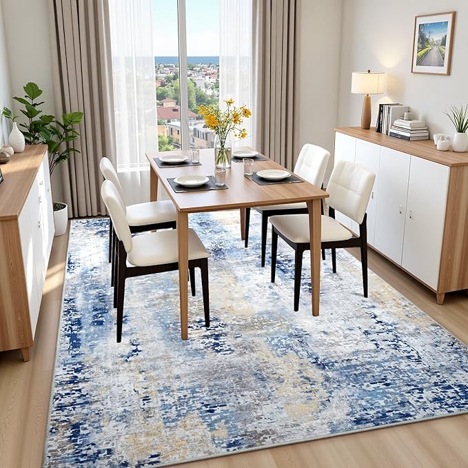 Washable Abstract Rug, 8x10 Modern Area Rugs with Non-Slip Rubber Backed for Living Room, Thin but Soft Contemporary Carpet Kitchen Bedroom Dining Room Decor, Midnight Blue