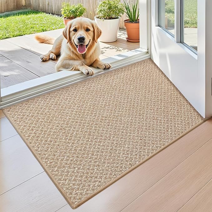 Color&Geometry 17"x30" Small Ultra Thin Indoor Door Mat Non Slip Rubber Backed Dirt Trapper(Rolled-up NO Creases), Rugs for Entryway, Front Door Mat Indoor Washable Low-Profile Entry Mat, Khaki