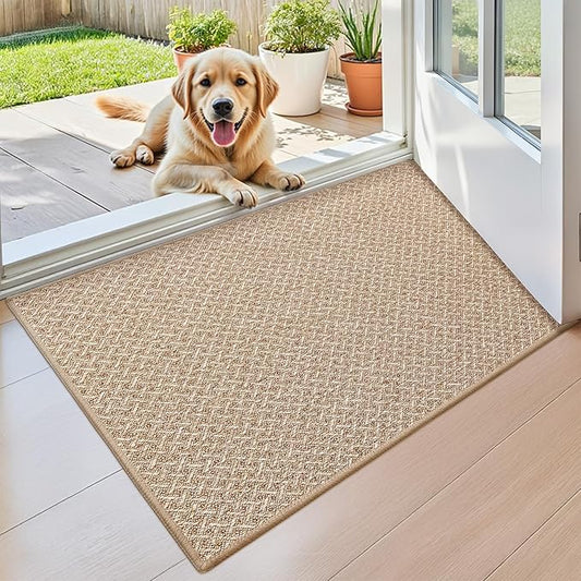 Color&Geometry 17"x30" Small Ultra Thin Indoor Door Mat Non Slip Rubber Backed Dirt Trapper(Rolled-up NO Creases), Rugs for Entryway, Front Door Mat Indoor Washable Low-Profile Entry Mat, Khaki