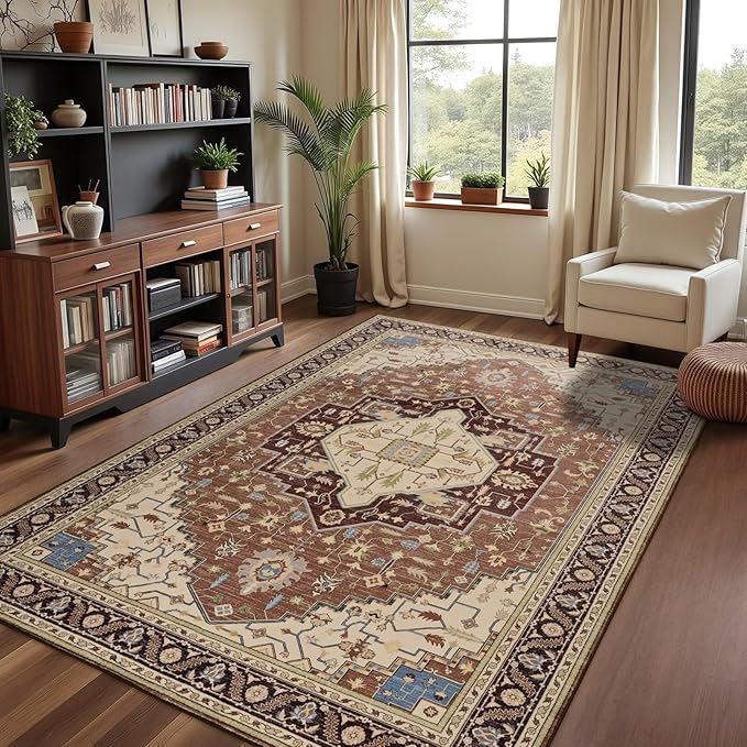 4x6 Mousse Brown Area Rug for Living Room, Machine Washable Rugs with Non-Slip Backing for Bedroom, Vintage Medallion Carpet Kitchen Laundry Kids Room Decor