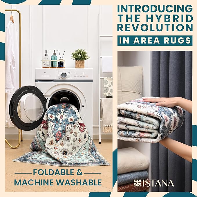 Istana Hallway Runner Rug 2x8 – White Cream/Blue Entryway Rug -Silk's Soft Touch Runners for Hallways - Stylish Kitchen Runner Rug Non Slip