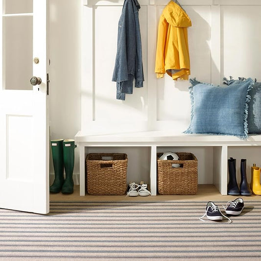 Dash and Albert Nimes Ticking Machine Washable Area Rug - 4' x 6' Neutral Stripe Washable Accent Rug - Durable, High Traffic Areas Kitchen, Mudroom, Hallways