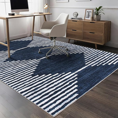 HelloTree Area Rug for Living Room 5x7 Washable Geometric Moroccan Rug Stripe Farmhouse Bohemian Minimalistic Non Slip Non Shedding Ultra Thin Soft Rug for Bedroom Office DiningRoom Nursery-Blue