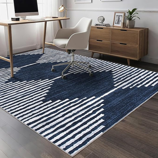 HelloTree Area Rug for Living Room 6x9 Washable Geometric Moroccan Rug Stripe Farmhouse Bohemian Minimalistic Non Slip Non Shedding Ultra Thin Soft Rug for Bedroom Office DiningRoom Nursery-Blue