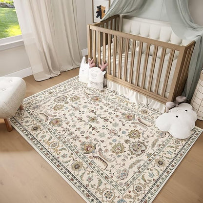 Washable 3x5 Entryway Rug, Boho Non-Slip Vintage Distress Small Rugs for Kitchen Nursery Office Bedroom, 0.3" Neutral Oriental Throw Thin Carpet with Cushioning Pad, Beige/Rust/Green/Multi