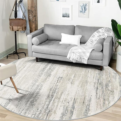 MUJOO Round Rugs 6ft,Circle Area Rug Washable,Circular Throw Carpet for Living Room Dining Room,Large Modern Abstract Non Slip Indoor Accent Neutral Beige and Grey