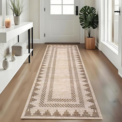 Bordered Printed Non Slip 2x6 Runner Rugs for Hallway Modern Geometric Washable Soft Long Kitchen Rug Stain Resistant Foldable Indoor Rug for Entryway Bedroom, Beige Brown