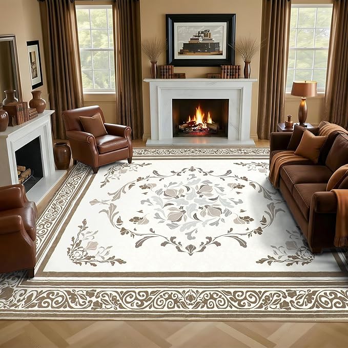 SOULFUL Medium Pile 4x6 Rugs for Living Room - Cozy Soft Underfoot Area Rug - Brown Boho Floral - Washable Non-Slip - Perfect for Bedroom Kids Room Under Dining Table Office