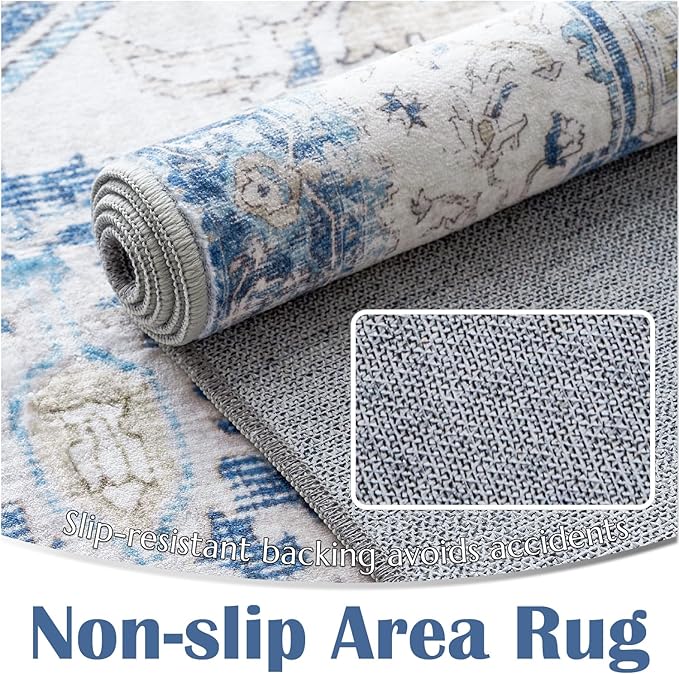 jinchan Kelda Area Rug 8x10 Washable Living Room Rug Vintage Soft Indoor Large Floor Cover Retro Distressed Mat Accent Lightweight Non-Slip Thin Carpet for Kitchen Bathroom Bedroom Blue