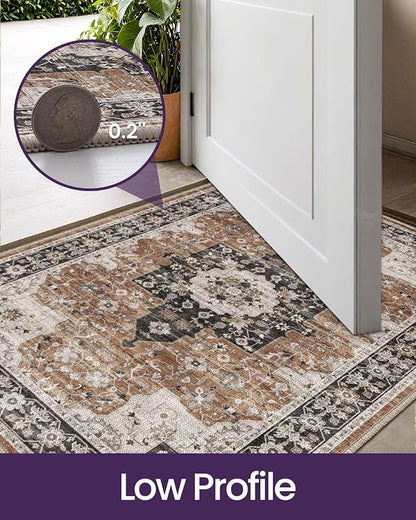 DEXI Area Rugs for Entryway 2x3, Washable Low Pile Vintage Traditional Entry Rug Non Slip, Small Indoor Door Mat for Bedroom Kitchen Entrance Hallway, Brown