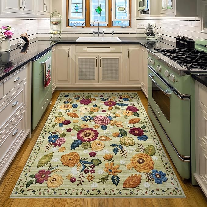 4x6 Machine Washable Area Rug for Living Room, Green Vintage Boho Floral Rug Large Non-Slip Low Pile Soft Faux Wool Carpet, Kids and Pets Friendly for Bedroom Dining Room Farmhouse Home Decor Rug