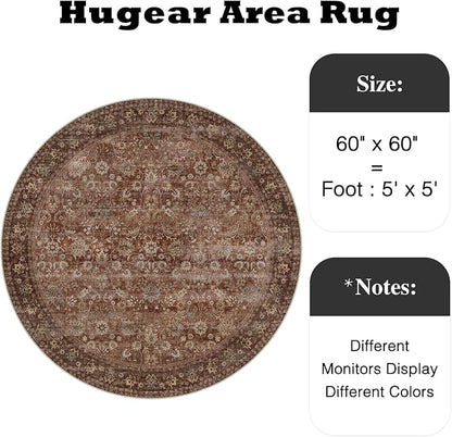 HUGEAR Round Rug 5ft Entryway Rugs Machine Washable Brick Red Hallway Area Rug 5x5 Small Circle Accent Rug Floral Low Pile Carpet Soft Throw Rug Living Room Office Laundry Room Entrance Non Slip