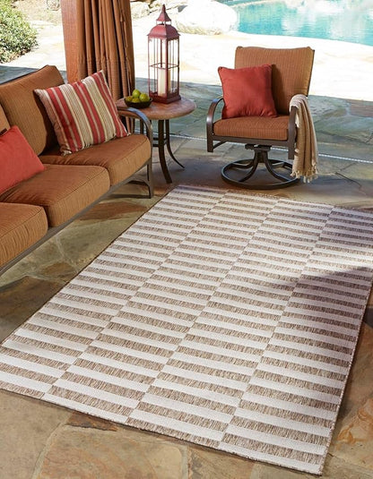 Unique Loom Outdoor Striped Collection Area Rug - Striped (10' x 13' 1" Rectangle Taupe/Ivory)