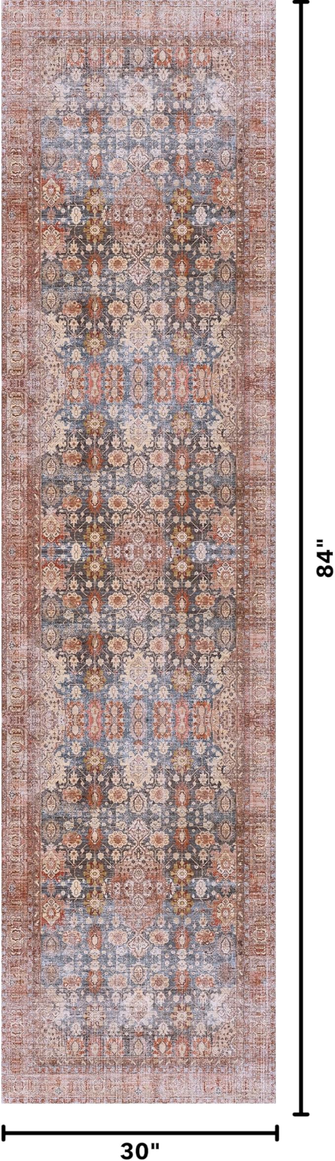 Kuden 2'6"x7' Runner Rug, Machine Washable Area Rug with Non-Slip Backing, Vintage Style, Soft, Easy Clean, Low Pile Rug for Hallway, Entryway, Kitchen, Bedroom