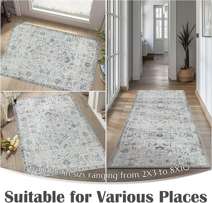 jinchan Kalen Area Rug 6x9 Washable Living Room Rug Soft Vintage Indoor Thin Retro Distressed Floor Cover Grey Floral Country Boho Rug Non Slip Carpet for Bedroom Office Dining Room