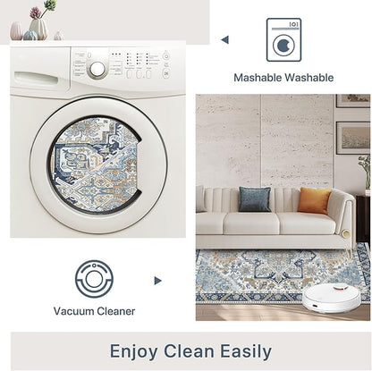 8x10 Area Rug Machine Washable Boho Rug for Living Room,Ultra-Thin Low Pile Carpet,Lightweight Indoor Printed Rug,Non Slip Floral Area Rug for Bedroom, Dining Room, Home Office,Blue