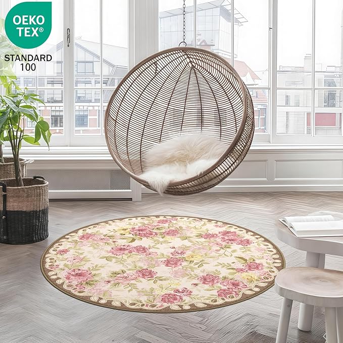 4ft Round Machine Washable Area Rug for Living Room, Pink Vintage Boho Floral Rug Large Non-Slip Low Pile Soft Faux Wool Carpet, Kids and Pets Friendly for Bedroom Nursery Farmhouse Home Decor Rug