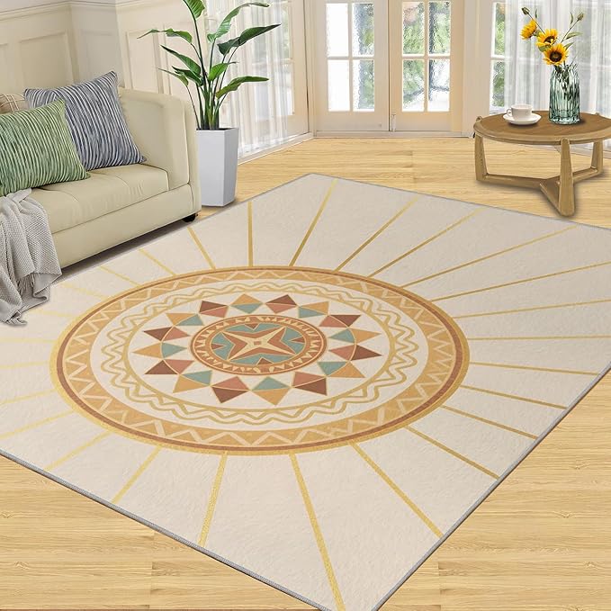 Boho Sun Area Rugs 6x9ft, Minimalist Line Fluffie Rugs for Living Room, Geometric Solar Nursery Rug with Under Rug Non Slip Tape for Bedroom Kids Room