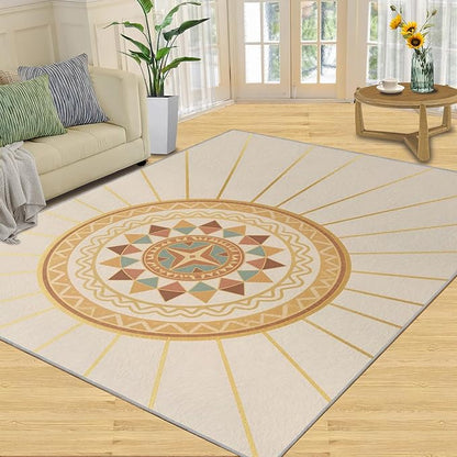 Boho Sun Area Rugs 8x10ft, Minimalist Line Area Rug for Living Room, Geometric Solar Modern Rug with Double Sided Carpet Tape for Bedroom Men Room Decor