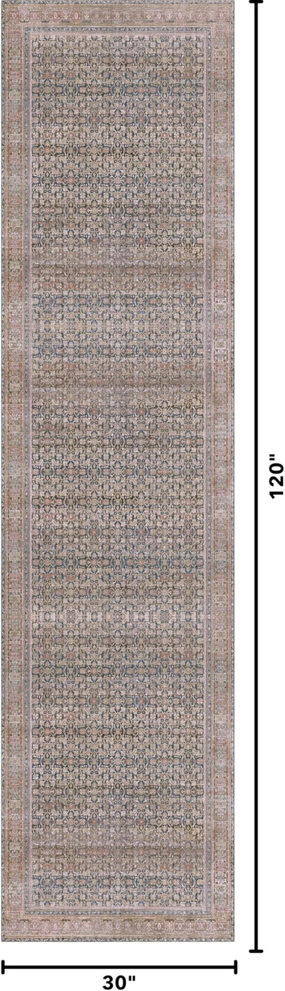 Kuden 2'6"x10 Runner Rug, Machine Washable Area Rug with Non-Slip Backing, Vintage Style, Soft, Easy Clean, Low Pile Rug for Hallway, Entryway, Kitchen, Bedroom
