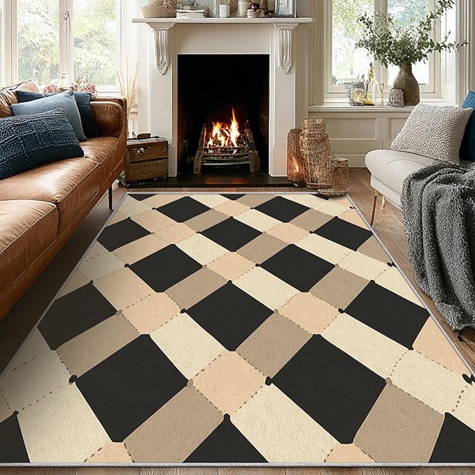 Washable 5x6 Modern Geometric Rug Living Room, Abstract Diamond Design Area Rugs for Bedroom, Modern Geometric Home Decor Carpet, Low Pile, Non Slip, Kids & Pet Friendly (N4154)