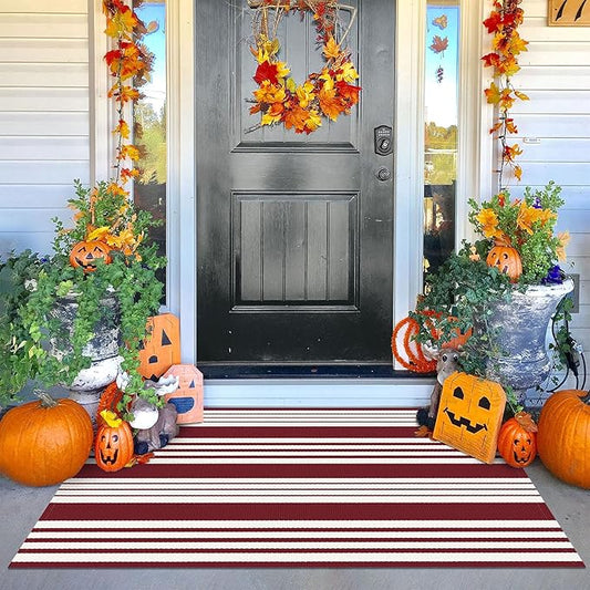 KOZYFLY Striped Outdoor Rug 3x5 Ft Red and White Christmas Front Door Rug Woven Area Rug Washable Doormats Indoor Entrance Mat for Kitchen Entryway Patio Front Porch Holiday Decor