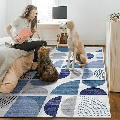 MUJOO Washable Rugs 9x12,Blue Large Area Rugs for Living Room Bedroom Dining Room,Boho Throw Floor Carpet Non Slip Soft Modern Abstract Navy Blue