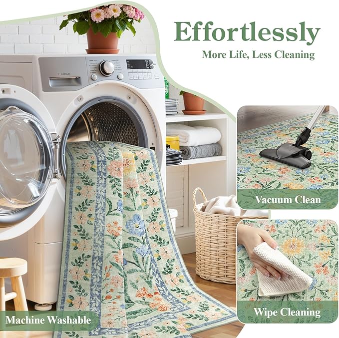Wonnitar Machine Washable 5x7 Area Rug, Boho Floral Rugs for Living Room Non-Slip, Soft Pink and Green Flower Ultra-Thin Non Shedding Carpet for Bedroom Dining Room Nursery